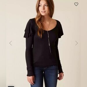 We The Free On Rewind Jersey Knit Top Black Large Tiered Ruffle Sleeve